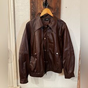 Cider Dark Brown Faux Leather Bomber Jacket